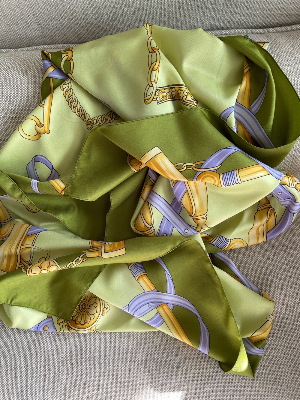 Lime Green Chain & Ribbon Print Scarf vintage Andres Maree - Picture 7 of 8